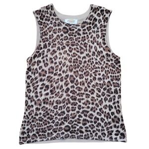 Talbots Leopard Print Silk Cashmere Sleeveless Knit Shell Top Tan Brown P Layer